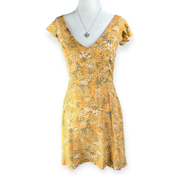 Forever 21 Mini Dress Women’s Large Yellow Floral Peasant Boho Summer NWT - Picture 1 of 7